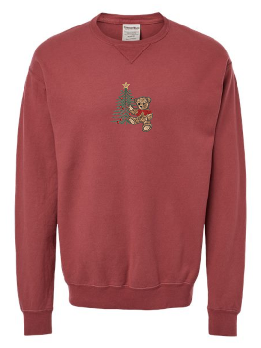 Teddy Bear Christmas Embroidered Comfort Wash Crewneck Sweatshirt
