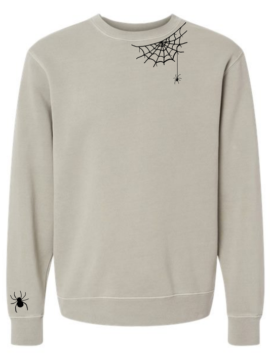 Spiderweb Collar & Sleeve Embroidered Washed Crewneck Unisex Fall Halloween Sweatshirt