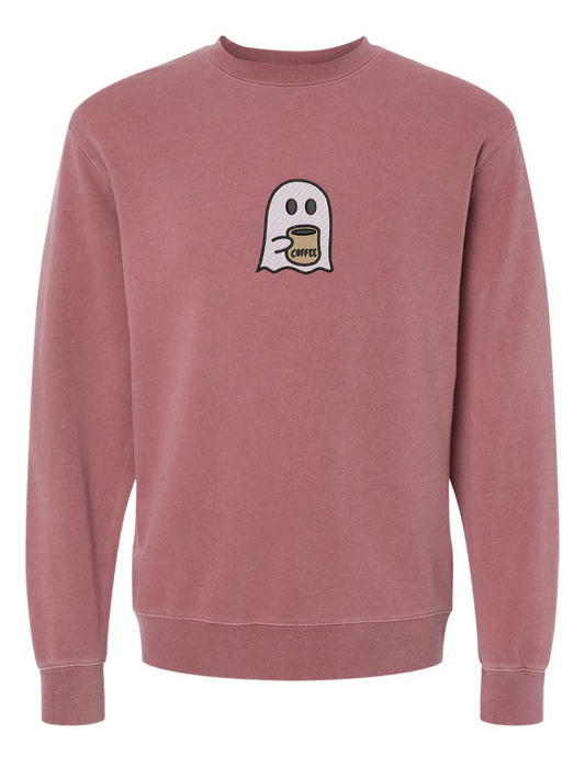 Ghost Drinking Coffee Embroidered Washed Crewneck Sweatshirt