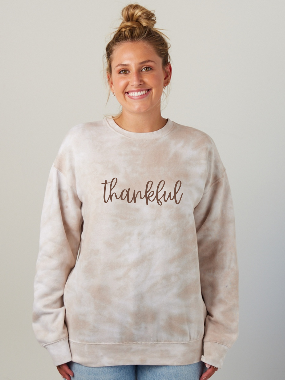 Thankful Embroidered Brown Tie Dye Crewneck Sweatshirt