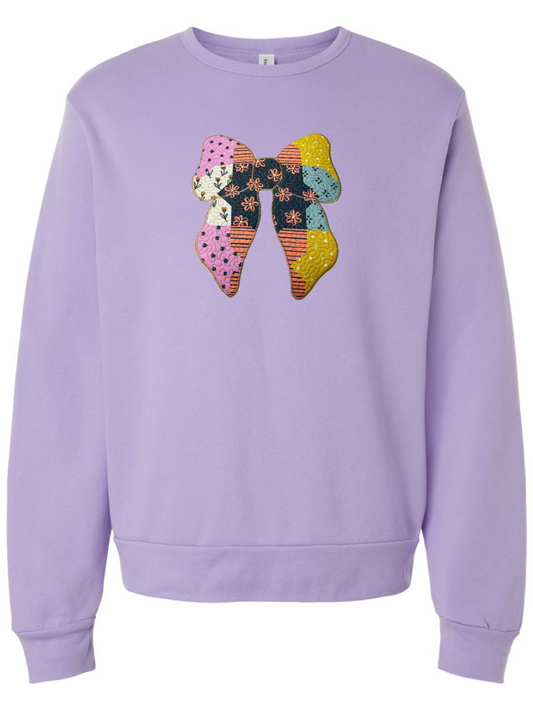 Floral Coquette Patchwork Quilted Bow Applique Embroidered Crewneck Sweatshirts