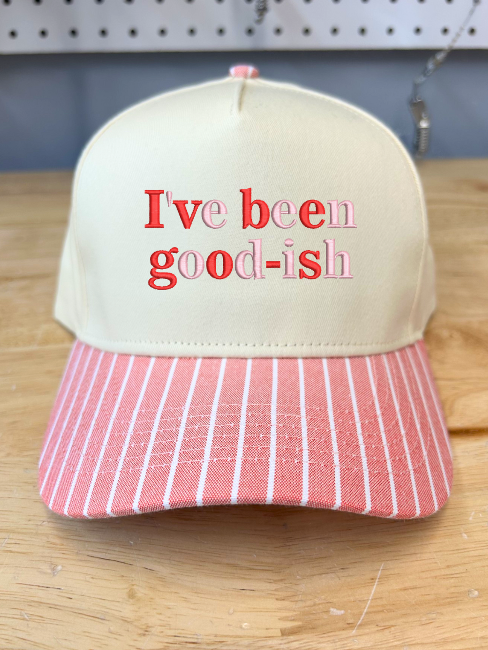 I've Been Good-Ish Embroidered Red Stripe Trucker Hat
