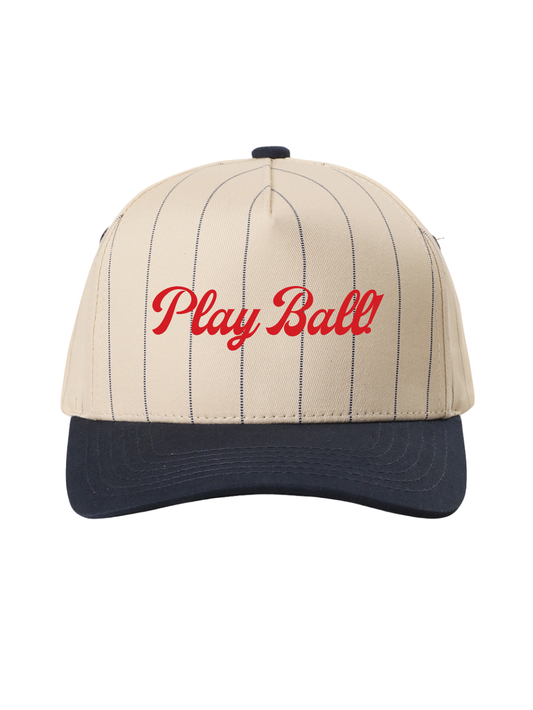 Play Ball Baseball Script Embroidered Pinstripe Trucker Hat