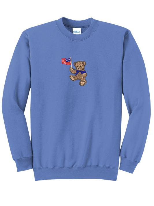 Patriotic Teddy Bear Embroidered American Flag Crewneck Sweatshirt