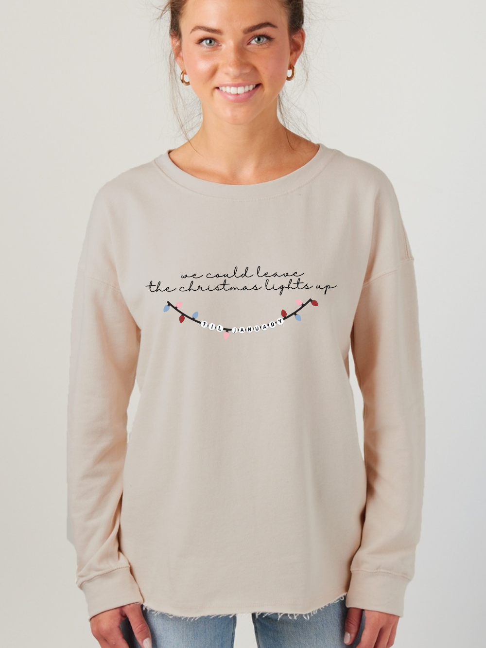 Christmas Lights Up Until January Embroidered Enza Ladies Drop Shoulder Beach Fleece
