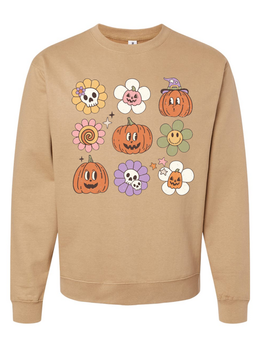 Groovy Pumpkin Floral Crewneck Graphic Colored Sweatshirt