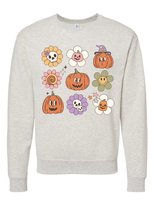 Groovy Pumpkin Floral Crewneck Graphic Heathered Sweatshirt