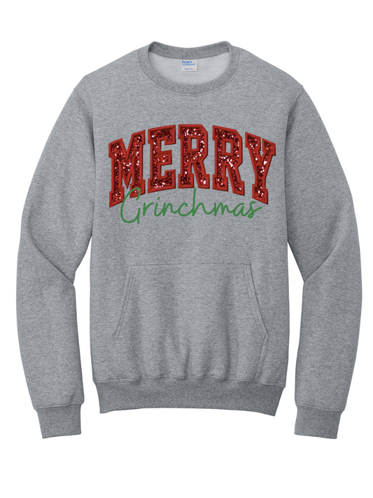 Glitter Applique Merry Grinchmas Pocket Crewneck Sweatshirt