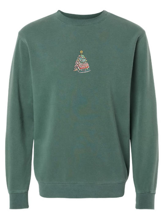 Book Christmas Tree Embroidered Washed Crewneck Sweatshirt