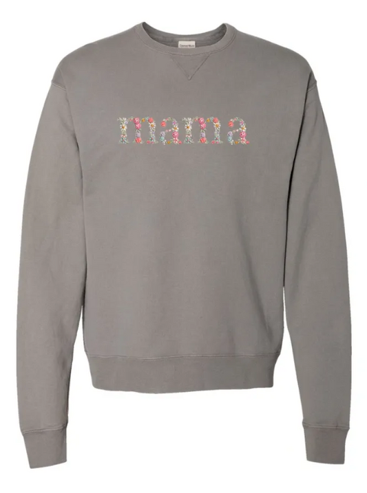 Custom Name White or Colored Floral Embroidered Unisex Comfort Wash Crewneck Sweatshirt