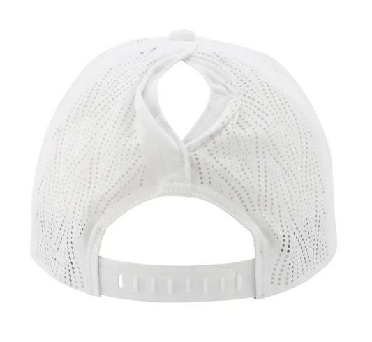 Bride Tone on Tone Embroidered White Floral Perforated Ponytail Trucker Hat