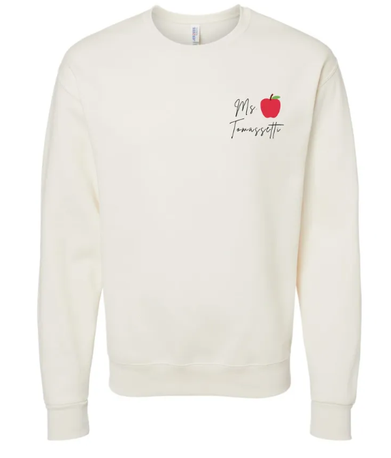 Custom "Mrs. Teacher" Embroidered Apple Crewneck Sweatshirt
