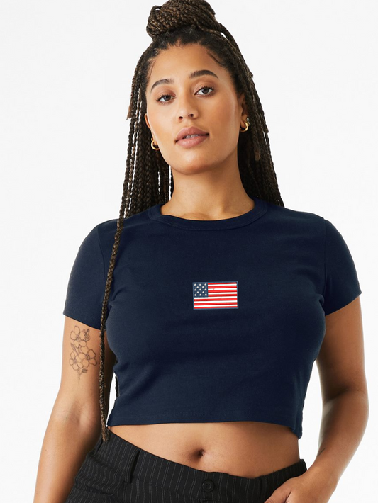 American Flag Embroidered Women's Micro Rib Baby Tee