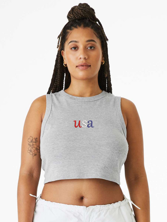 Dainty USA Embroidered Women's Rib Muscle Cropped Tank