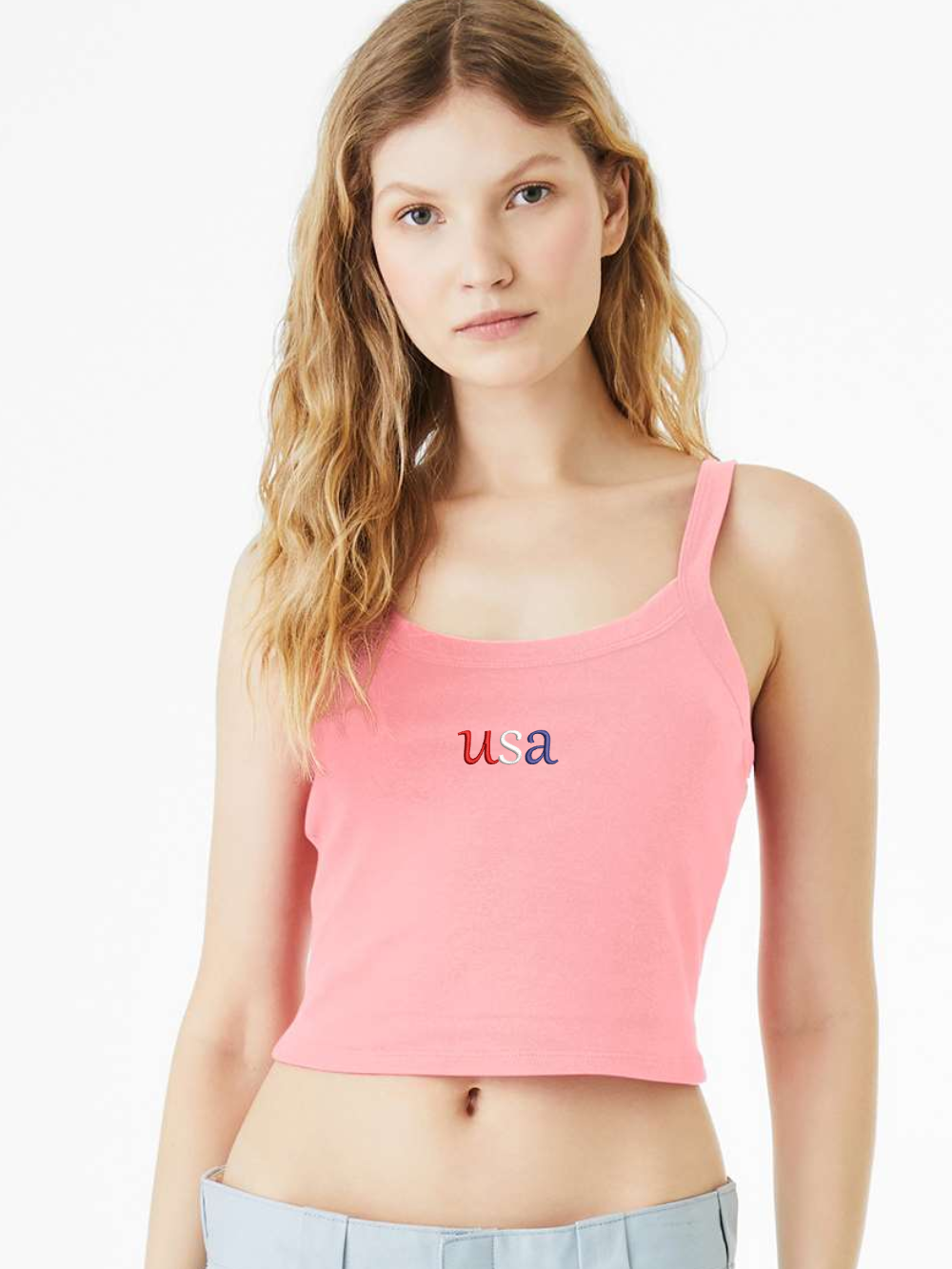 Dainty USA Embroidered Women's Rib Muscle Cropped Tank
