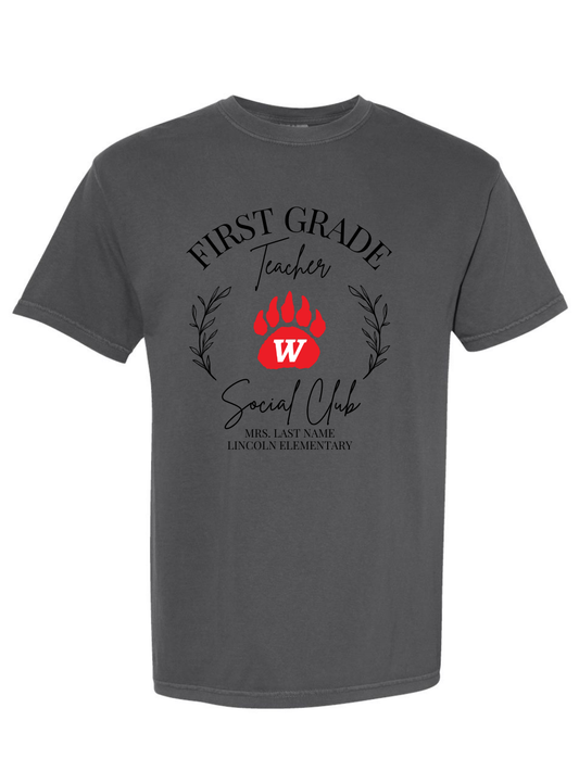 Grizzlies Teacher Social Club Custom Grade, Name, & School Comfort Colors Graphic T-Shirt