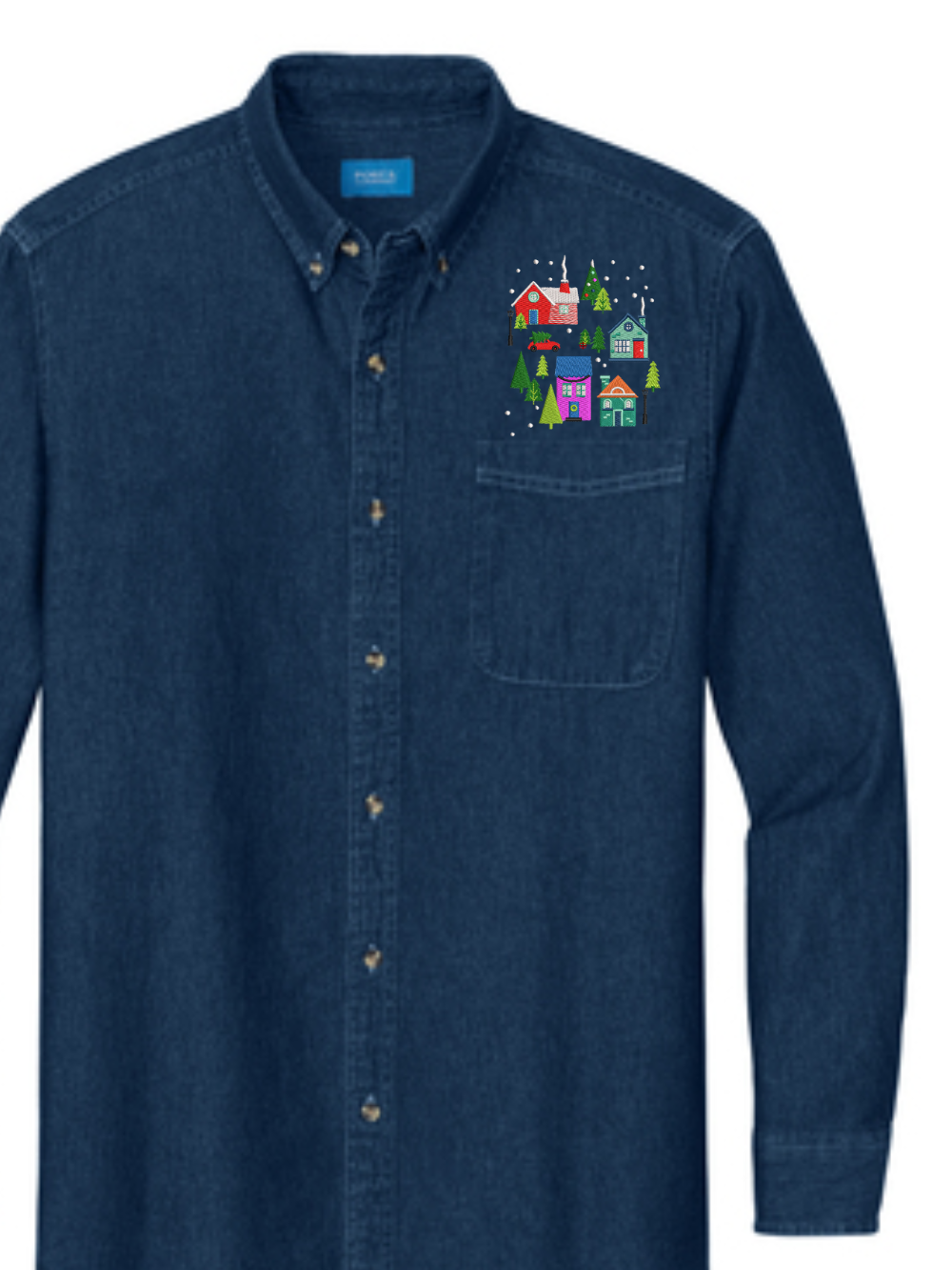Christmas Town Embroidered Denim Button Up Shirt