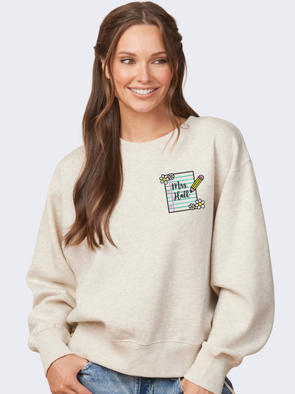 Custom Teacher Name Floral Notebook Embroidered Enza Crewneck