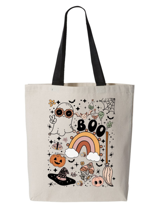 Groovy Ghost Black Handle Kids Halloween Trick or Treat Custom Canvas Tote Bag