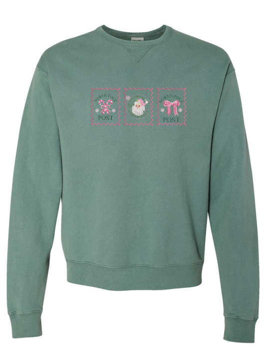 A Pink Christmas Embroidered Stamps Comfort Wash Crewneck Sweatshirt