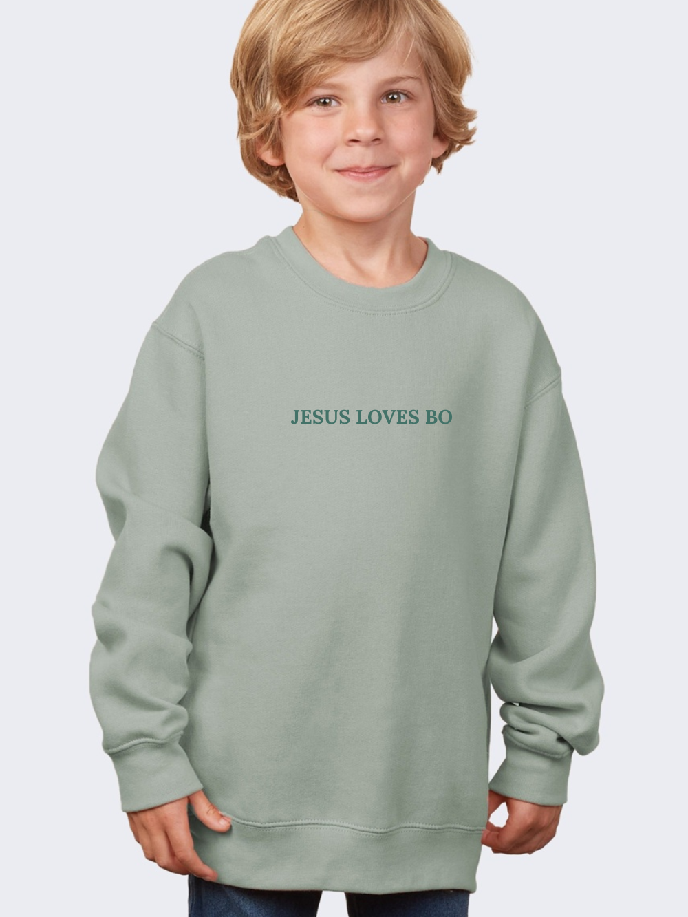 Jesus Loves Customized Embroidered Tone on Tone Youth Crewneck