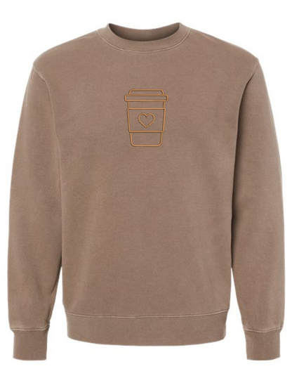 We Love Coffee Heart Embroidered Tone on Tone Pigment-Dyed Crewneck Sweatshirt