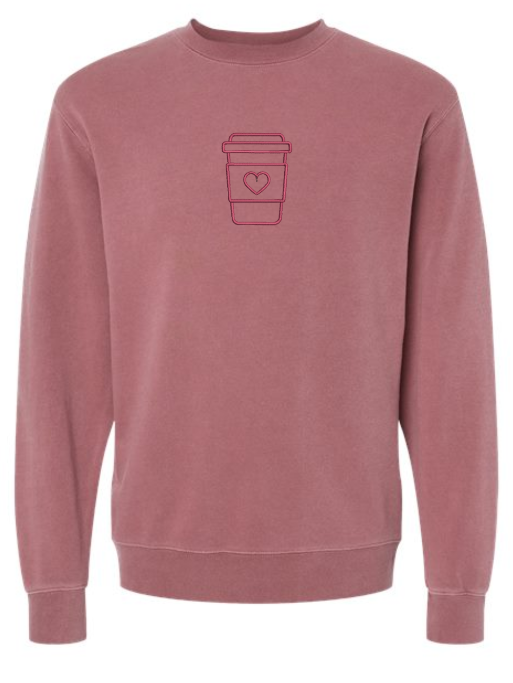 We Love Coffee Heart Embroidered Tone on Tone Pigment-Dyed Crewneck Sweatshirt