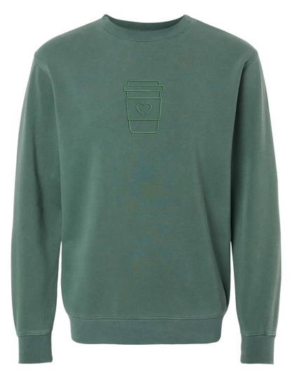 We Love Coffee Heart Embroidered Tone on Tone Pigment-Dyed Crewneck Sweatshirt