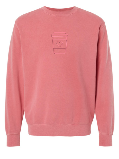 We Love Coffee Heart Embroidered Tone on Tone Pigment-Dyed Crewneck Sweatshirt