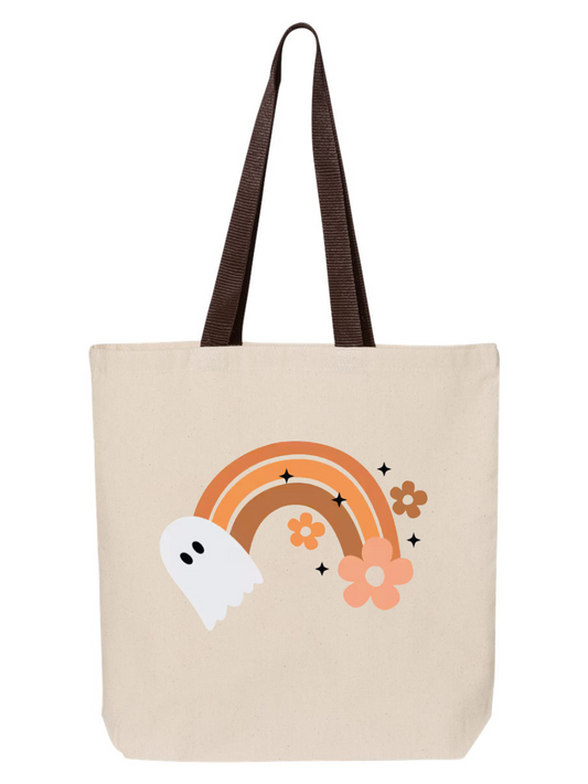 Over The Rainbow Ghost Brown Handle Kids Halloween Trick or Treat Custom Canvas Tote Bag