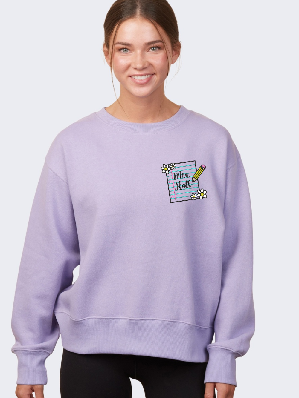 Custom Teacher Name Floral Notebook Embroidered Enza Crewneck