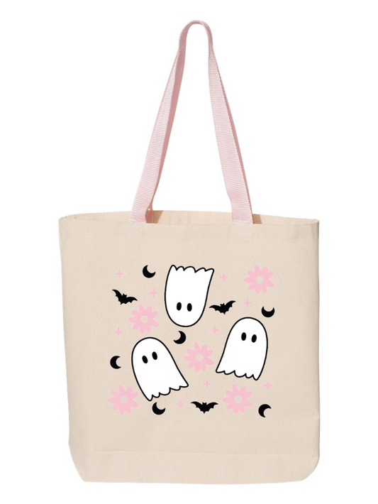 Floral Ghost Pink Handle Kids Halloween Trick or Treat Custom Canvas Tote BaG