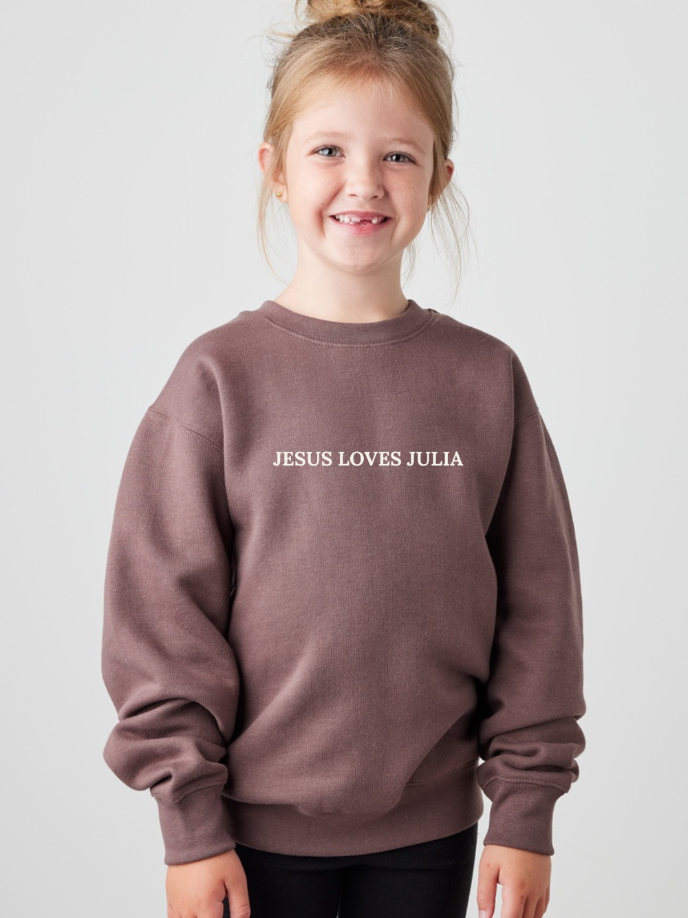 Jesus Loves Customized Embroidered Tone on Tone Youth Crewneck
