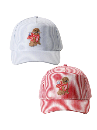 Dog USA Flag Embroidered Patch Seersucker Trucker Hat