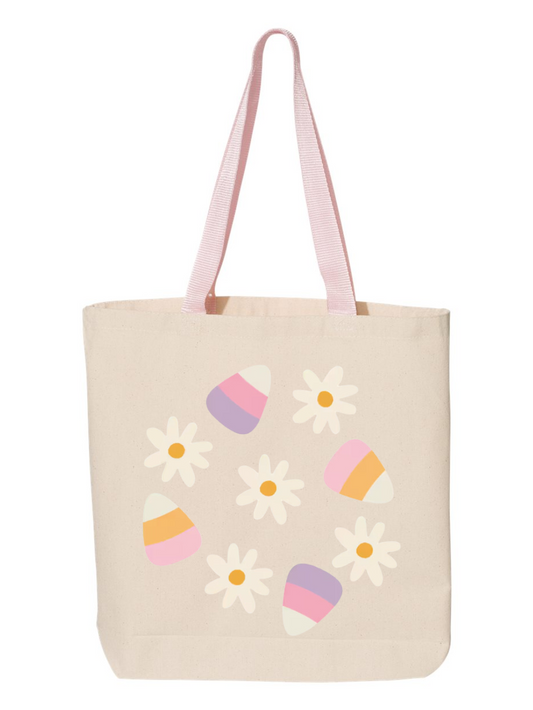 Candy Corn Pink Handle Kids Halloween Trick or Treat Custom Canvas Tote Bag