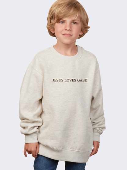 Jesus Loves Customized Embroidered Tone on Tone Youth Crewneck