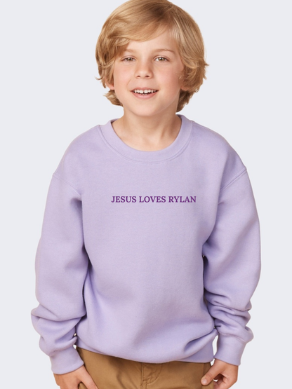 Jesus Loves Customized Embroidered Tone on Tone Youth Crewneck