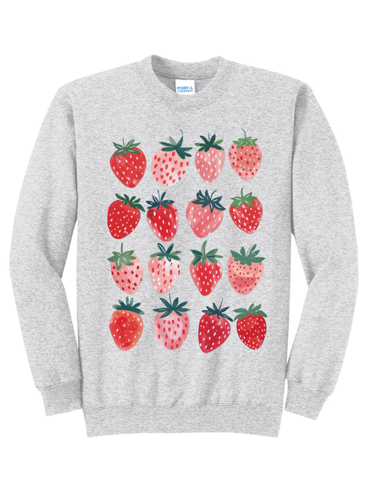 Strawberry Watercolor Ash Crewneck Graphic Sweatshirt