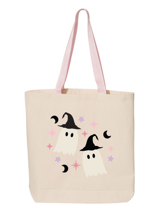 Witch Ghost Pink Handle Kids Halloween Trick or Treat Custom Canvas Tote Bag