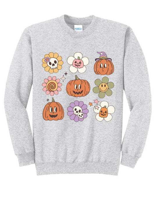 Groovy Pumpkin Floral Crewneck Graphic Heathered Sweatshirt