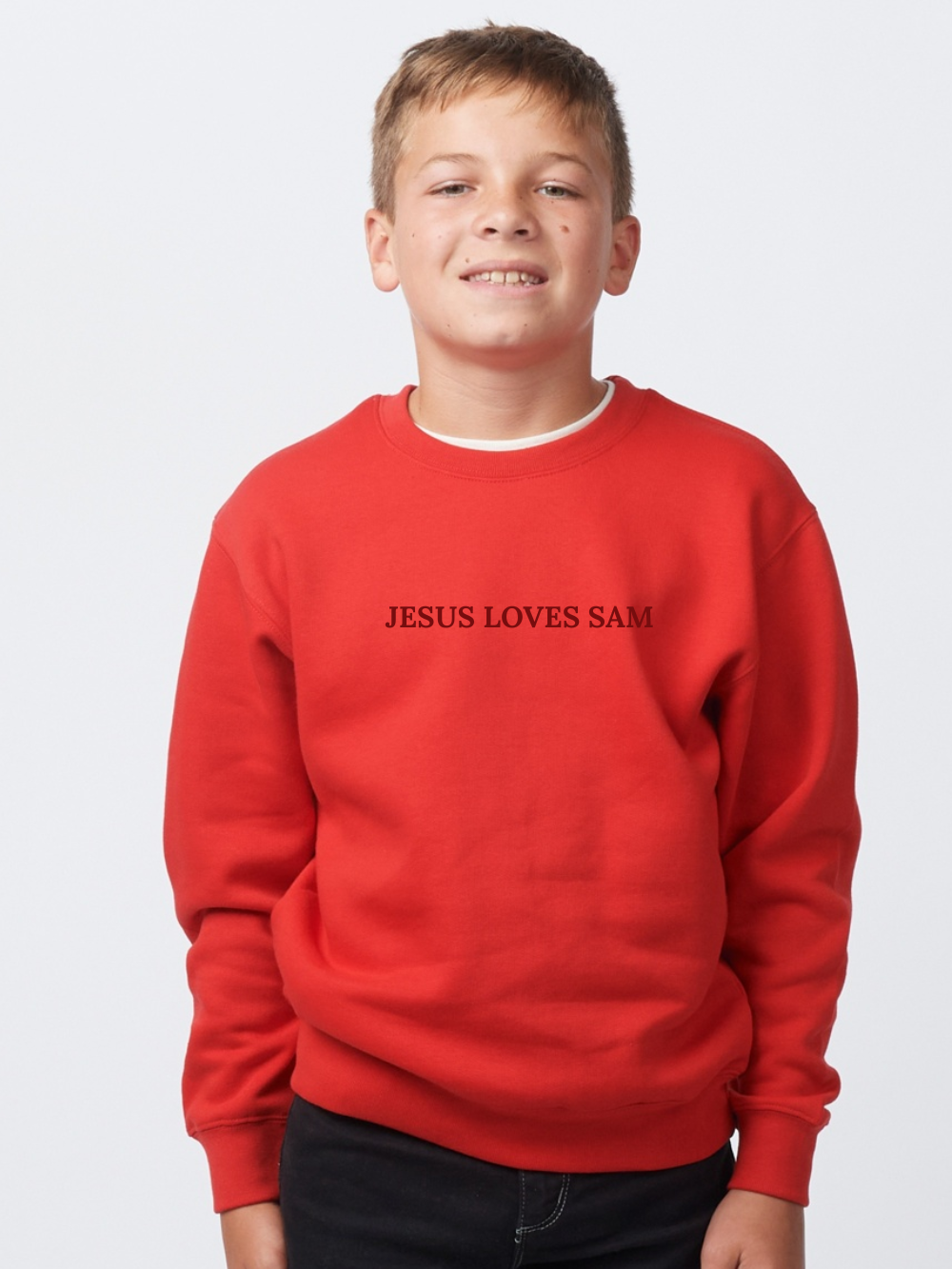 Jesus Loves Customized Embroidered Tone on Tone Youth Crewneck