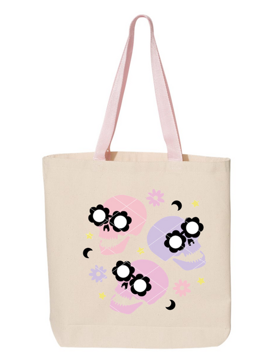 Groovy Skeleton Pink Handle Kids Halloween Trick or Treat Custom Canvas Tote Bag