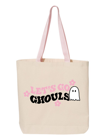 Let's Go Ghouls Pink Handle Kids Halloween Trick or Treat Custom Canvas Tote Bag