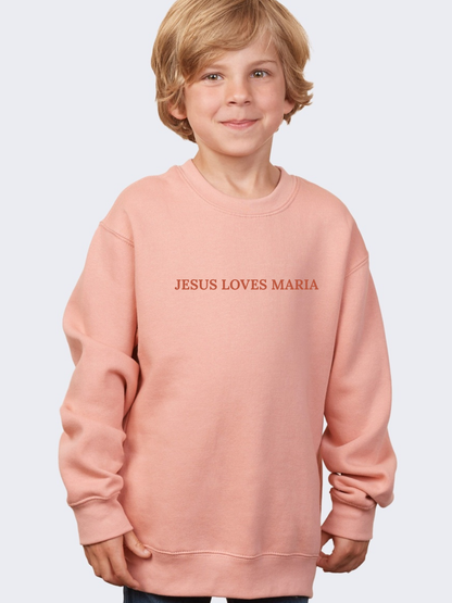 Jesus Loves Customized Embroidered Tone on Tone Youth Crewneck