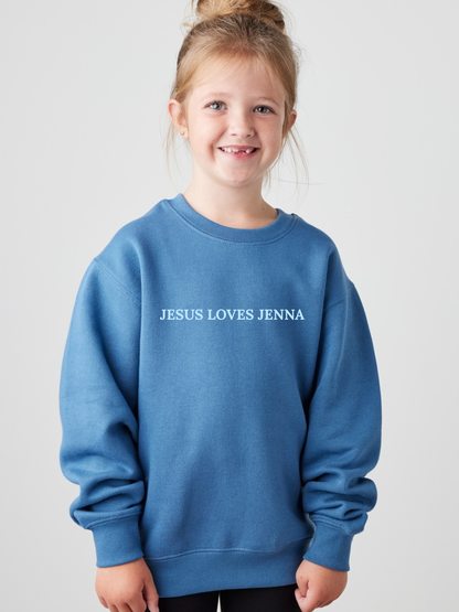Jesus Loves Customized Embroidered Tone on Tone Youth Crewneck