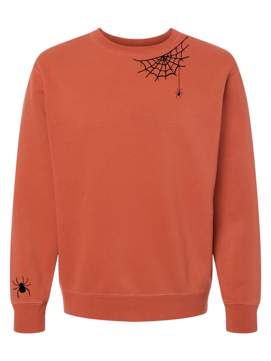 Spiderweb Collar & Sleeve Embroidered Washed Crewneck Unisex Fall Halloween Sweatshirt