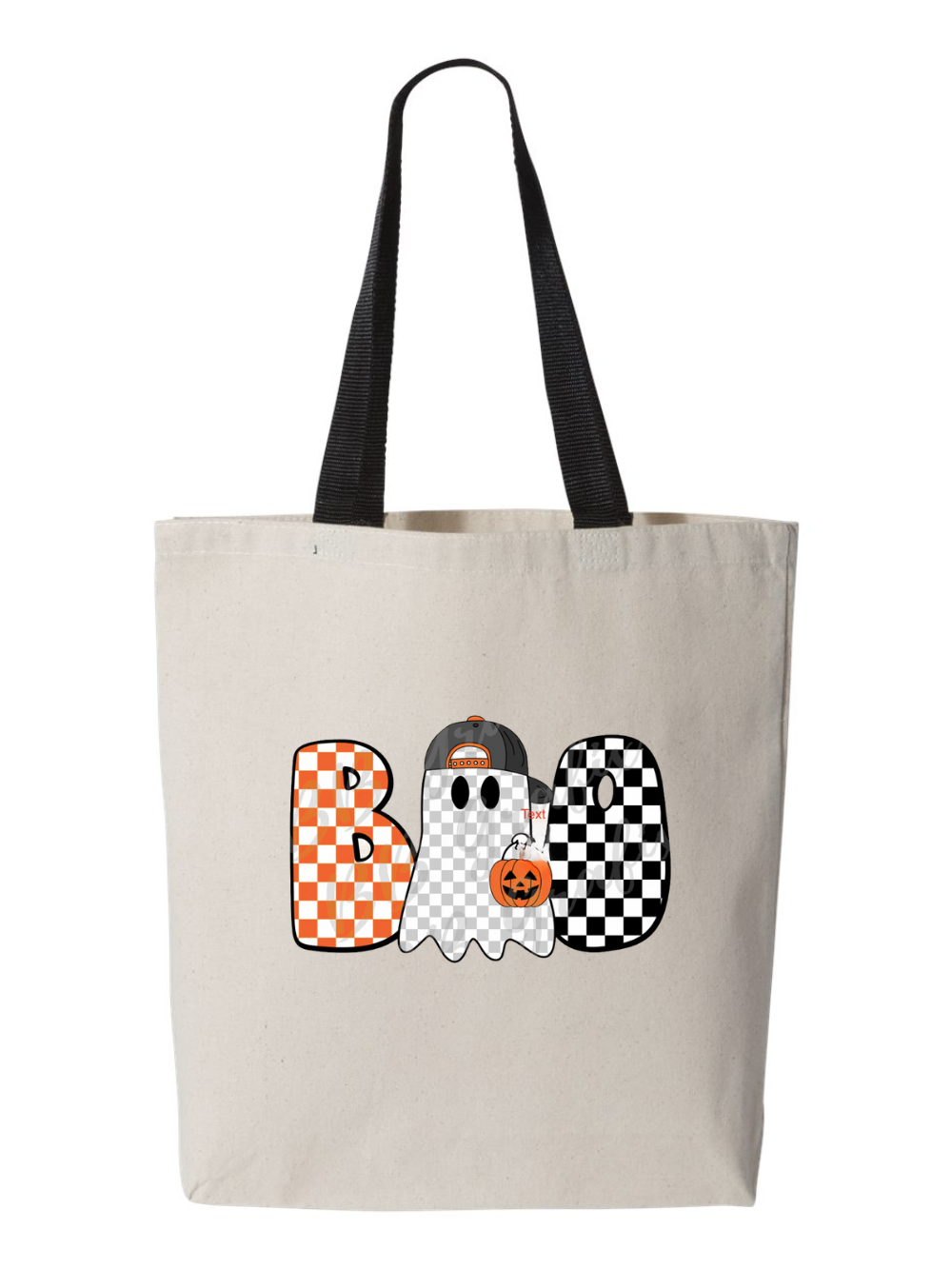 Boo Checkered Ghost Black Handle Kids Halloween Trick or Treat Custom Canvas Tote Bag