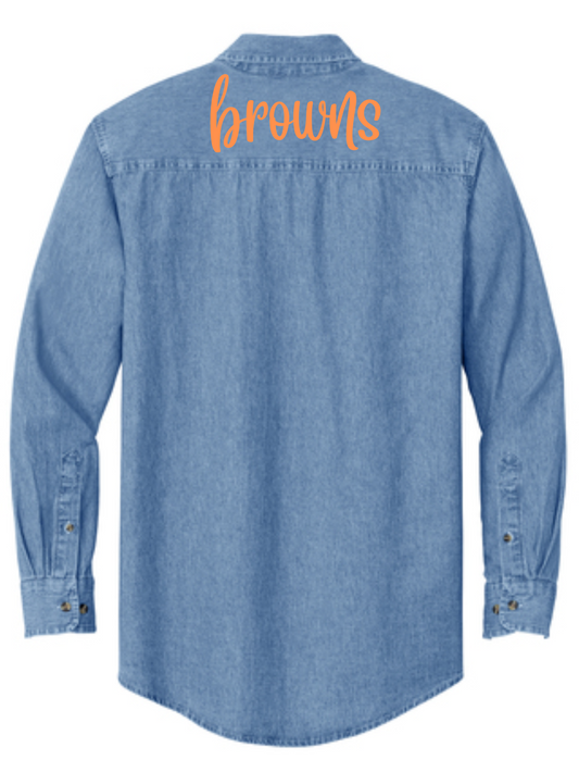 Custom Sports Team, City, or Word Embroidered Back Denim Button Up Shirt