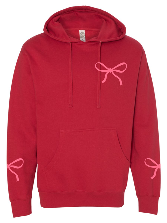Pink Bows Embroidered Chest + Sleeves Hooded Red Sweatshirt