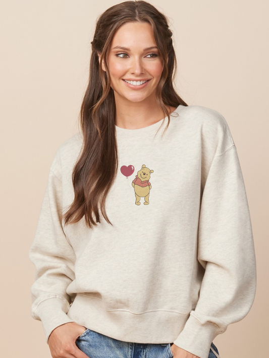 Pooh Heart Balloon Embroidered Ladies Boxy Crew